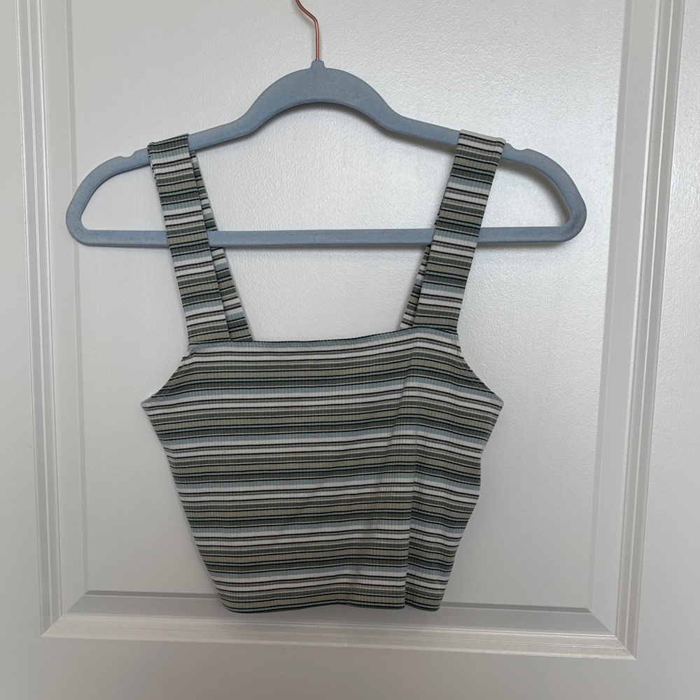 American Eagle Outfitters Striped Square-Neck Crop Top - Green, White, Black